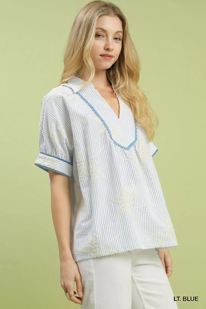 Sarah Express Women's Striped Embroidered Blouse with Scallop Trim