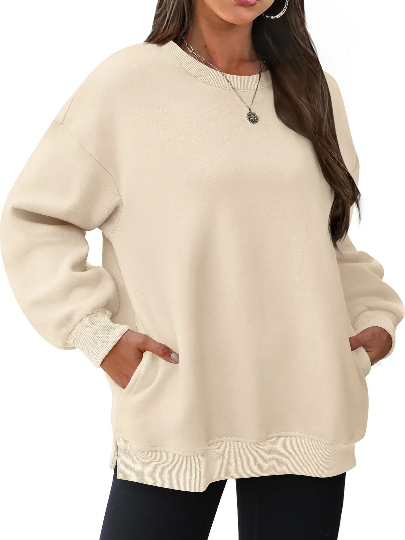 Sarah Express Women's Oversized Long Sleeve Crewneck Sweatshirt Apricot