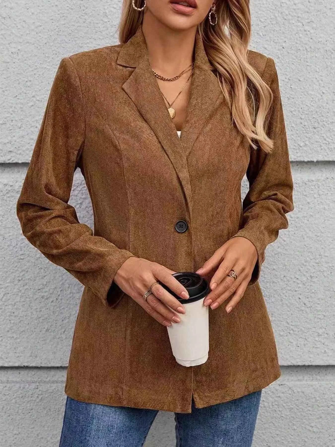 Sarah Express Women's Lapel Collar Single-Button Blazer Brown