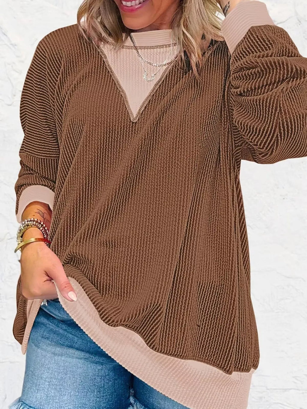 Sarah Express Women's Two-Tone Ribbed Knit Sweatshirt