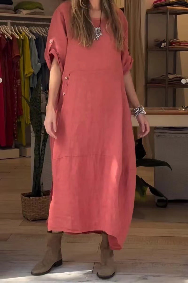 Sarah Express Women's Loose Cotton Linen Maxi Dress Short Sleeve Casual Relaxed Fit