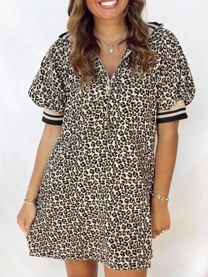 Sarah Express Women's Leopard Print Zip-Up Mini Dress with Pockets Leopard