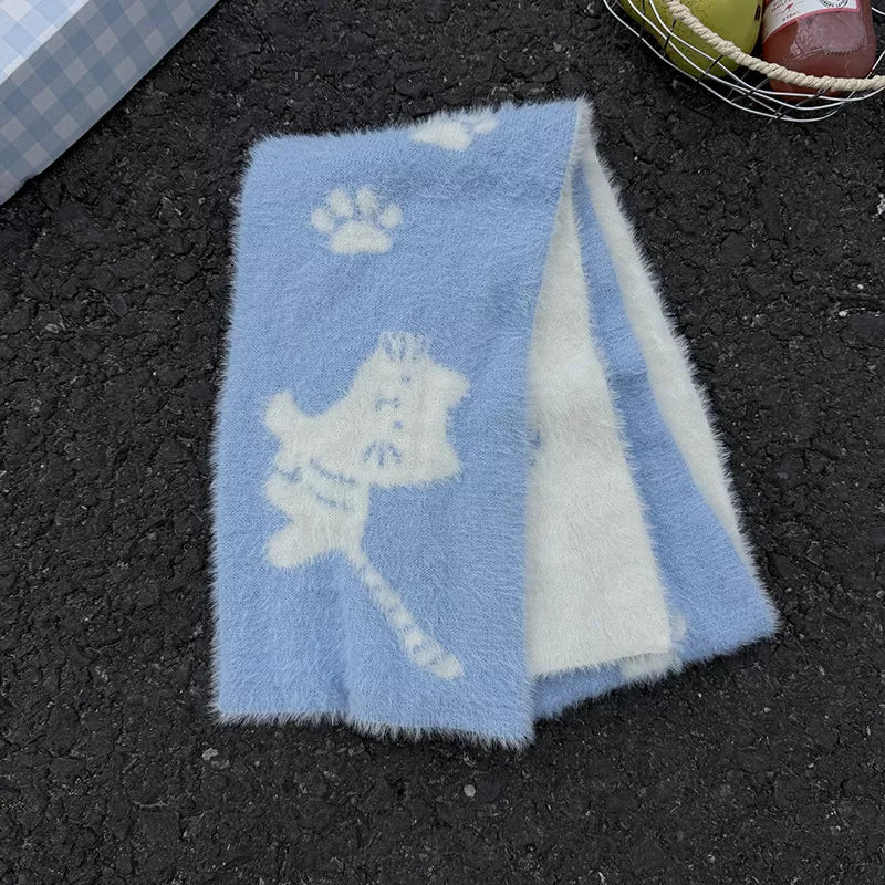 Sarah Express Women's Cute Cat Paw Print Plush Scarf Light Blue One Size