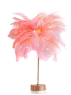 Sarah Express Nordic Feather Table Lamp - Decorative Bedside Night Light with Remote Control Pink Flash USB