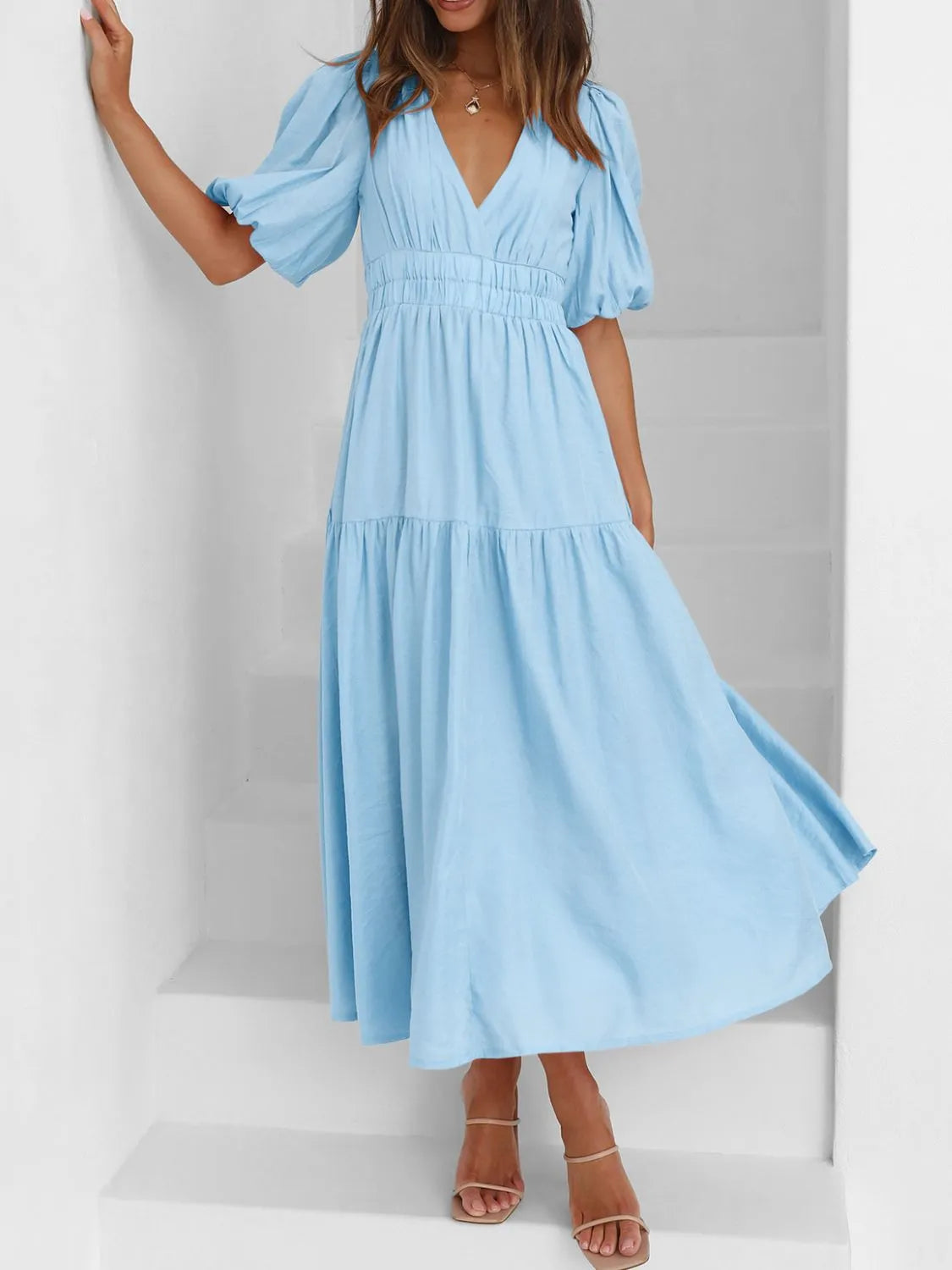 Sarah Express Women's V-Neck Puff Sleeve Midi Dress Light Blue