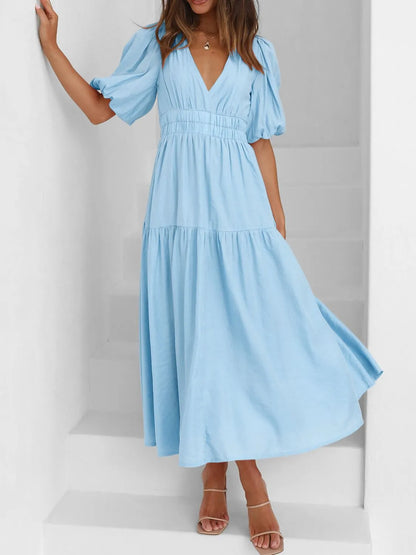 Sarah Express Women's V-Neck Puff Sleeve Midi Dress Light Blue