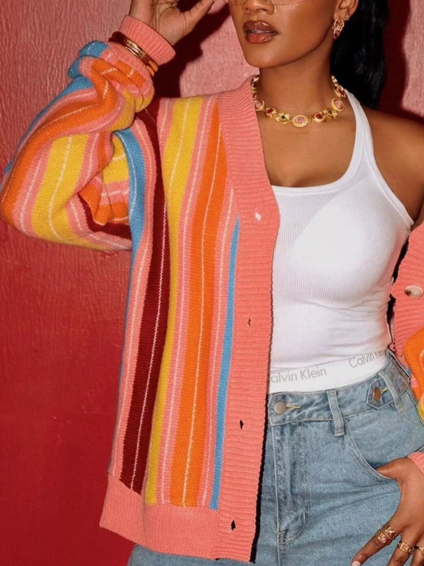 Sarah Express Women's Striped Knit Button Up Cardigan