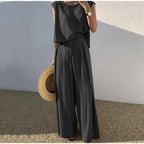 Sarah Express Women's Cotton Linen Two-Piece Set Sleeveless Top Wide Leg Pants Casual