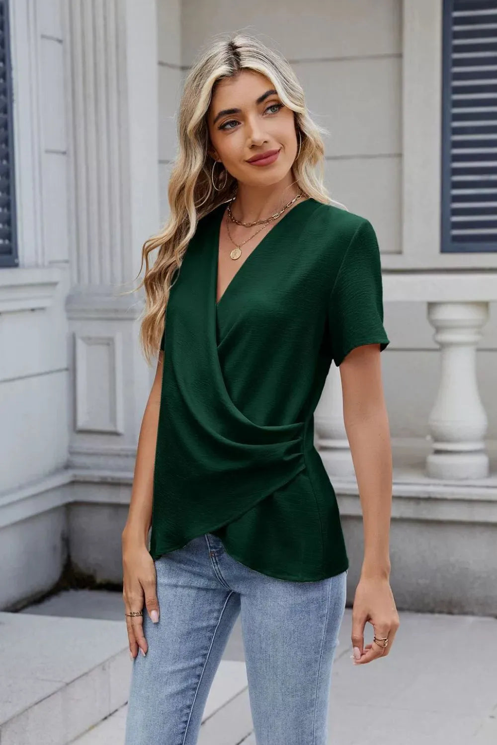 Sarah Express Women's Solid Color Surplice Short Sleeve Blouse Dark Green