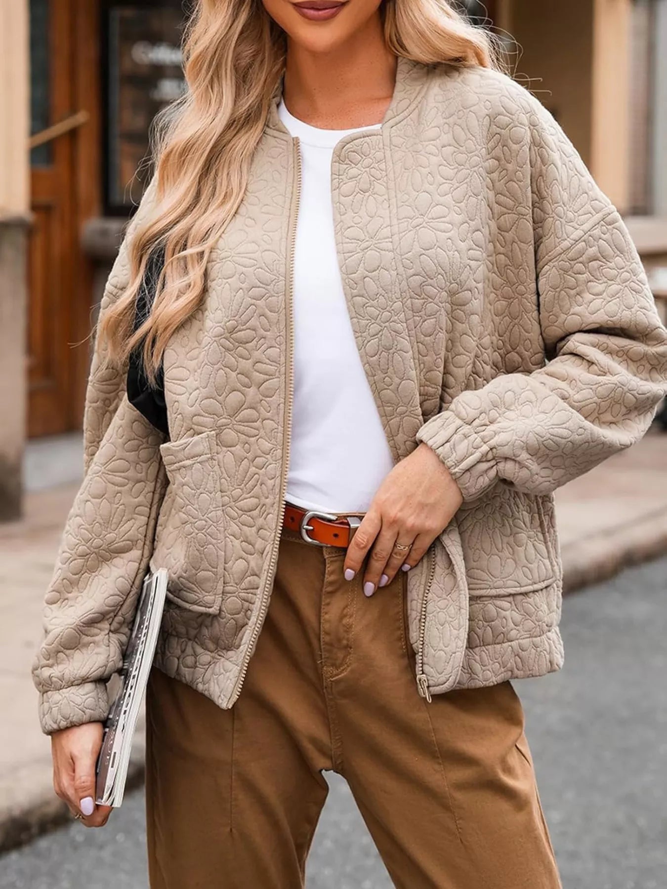 Sarah Express Women's Floral Quilted Zip Up Jacket Plus Size Khaki