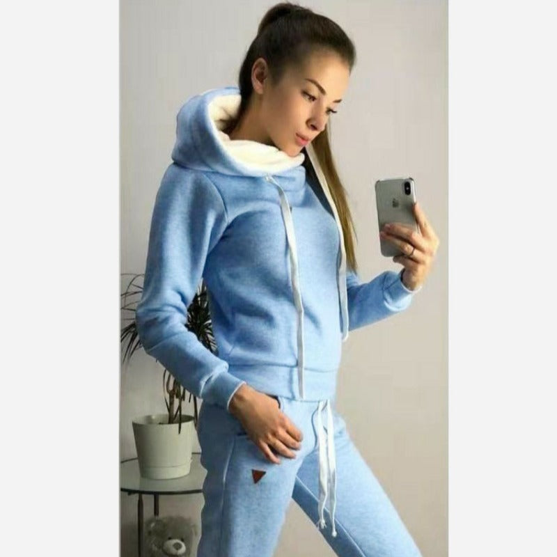 Women's Fleece Hooded Sports Suit Two-Piece Set