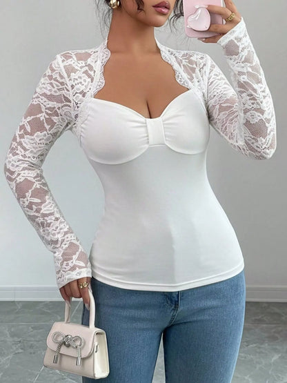 Sarah Express Women's Lace Sleeve Long Sleeve T-Shirt - Elegant Casual Top