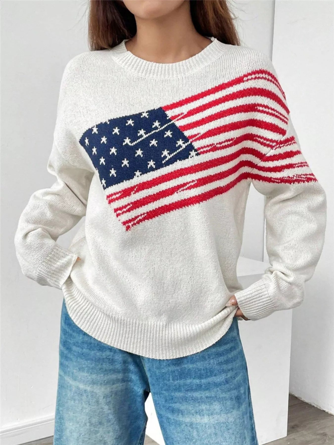 Sarah Express Women's US Flag Round Neck Long Sleeve Sweater