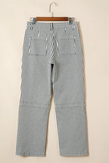 Sarah Express Women's High Waist Stripe Patch Pocket Denim Jeans - Slightly Stretchy Shift Fit