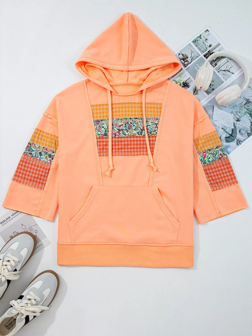 Sarah Express Women's Plaid Floral Patchwork Kangaroo Pocket Hoodie