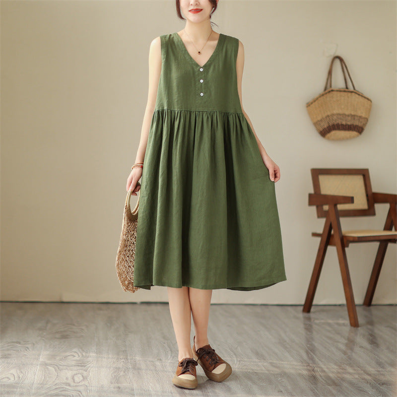 Sarah Express Women's Cotton Linen V-Neck Sleeveless Midi Dress Japanese Style Loose Fit Summer