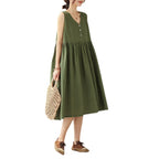 Sarah Express Women's Cotton Linen V-Neck Sleeveless Midi Dress Japanese Style Loose Fit Summer