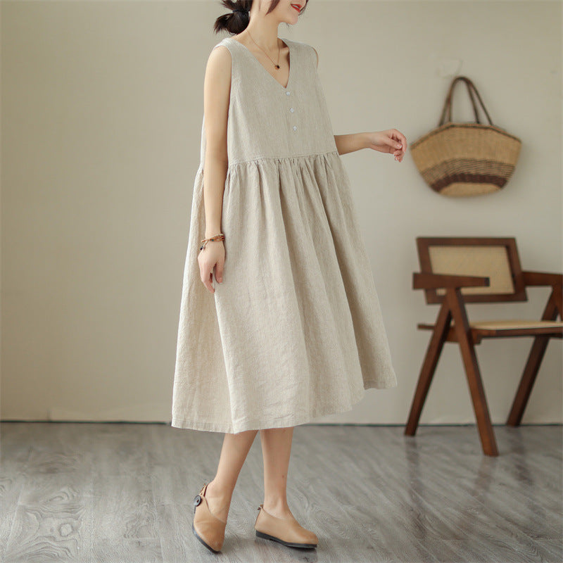 Sarah Express Women's Cotton Linen V-Neck Sleeveless Midi Dress Japanese Style Loose Fit Summer