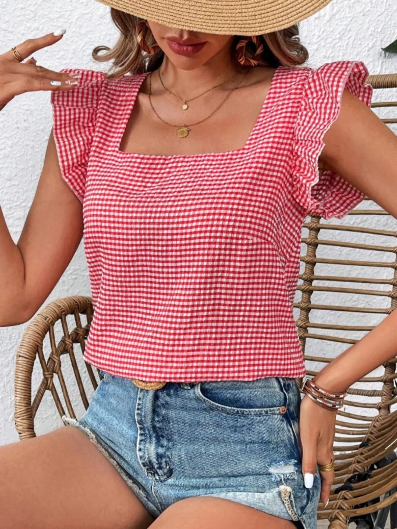 Sarah Express Women's Gingham Ruffle Sleeve Square Neck Blouse Scarlet