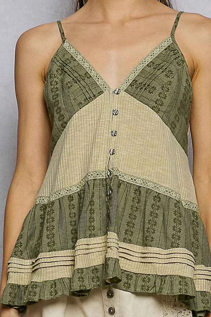 Sarah Express Women's Button Front V-Neck Ruffled Cami with Pintuck Accents