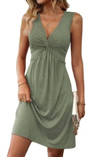 Sarah Express Twist Front V-Neck Dress Sleeveless Knit A-Line Midi Summer
