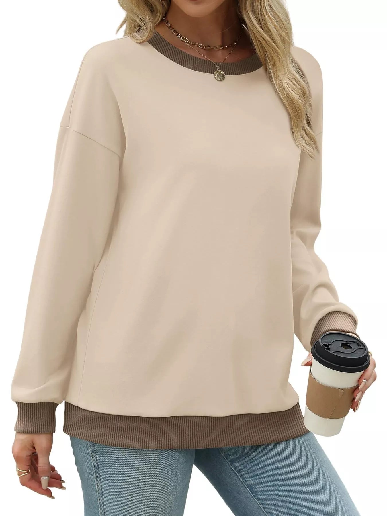 Sarah Express Women's Contrast Trim Crew Neck Casual Sweatshirt