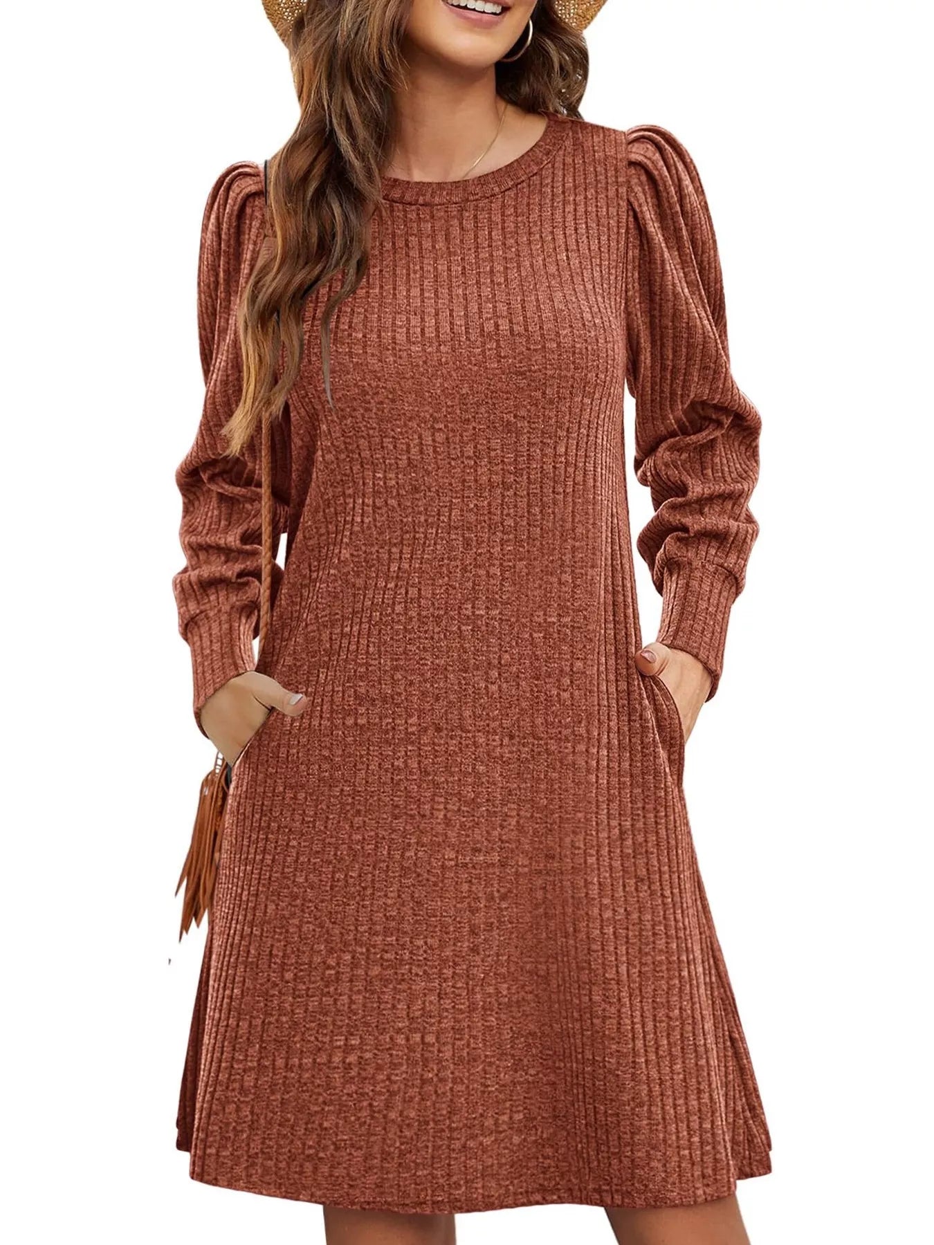 Sarah Express Women's Ribbed Knit Puff Sleeve Mini Dress