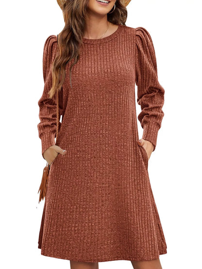 Sarah Express Women's Ribbed Knit Puff Sleeve Mini Dress
