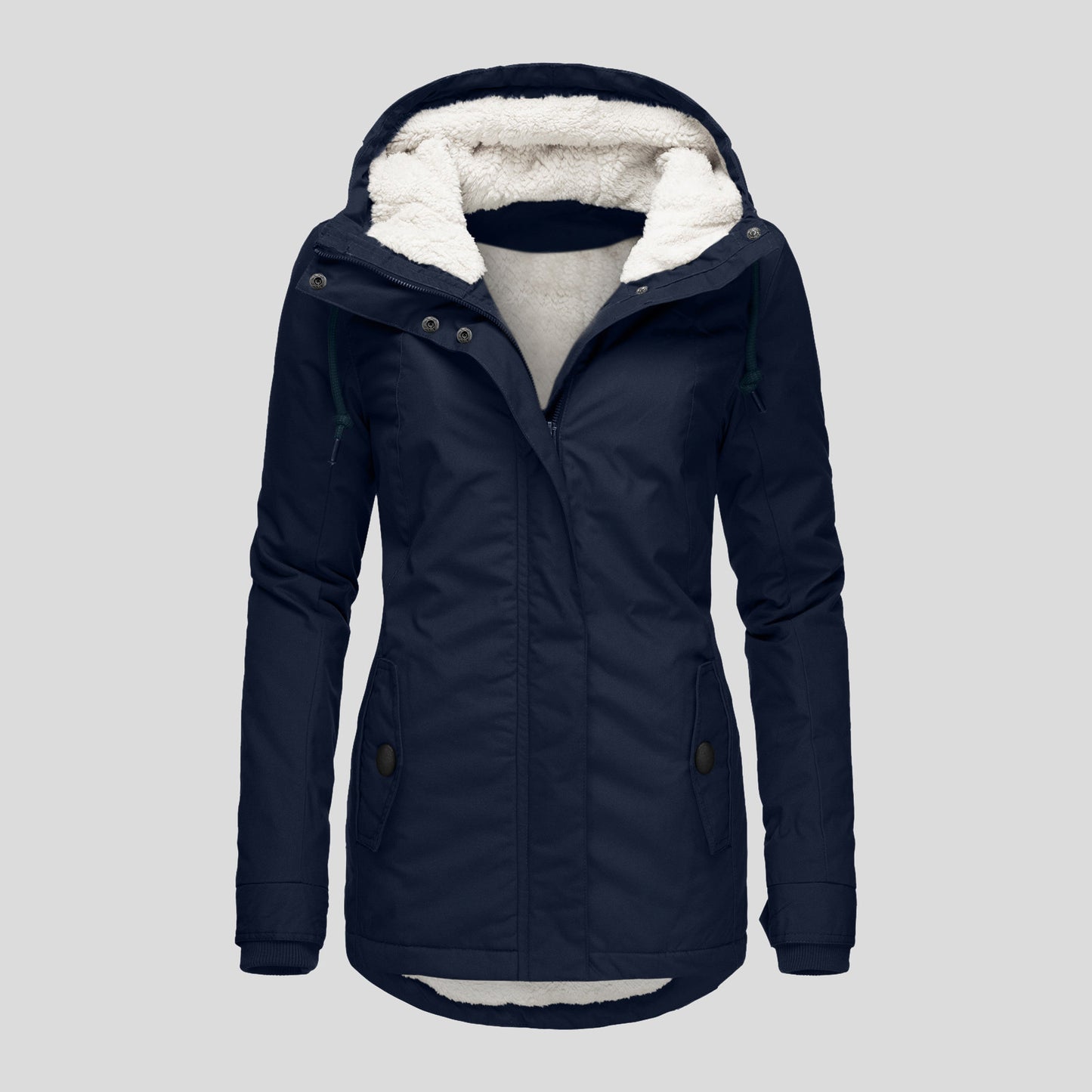 Sarah Express Women's Winter Hooded Fleece Jacket - Warm Buckle Zip-Up Coat with Pockets Navy Blue