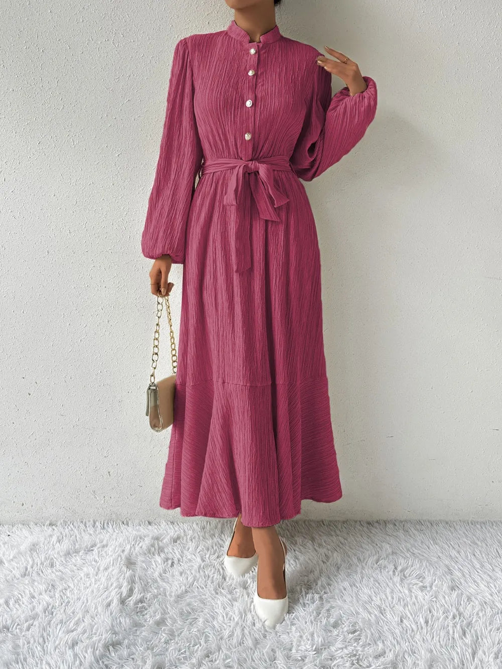 Sarah Express Women's Honey Tie Waist Long Sleeve Dress Deep Rose