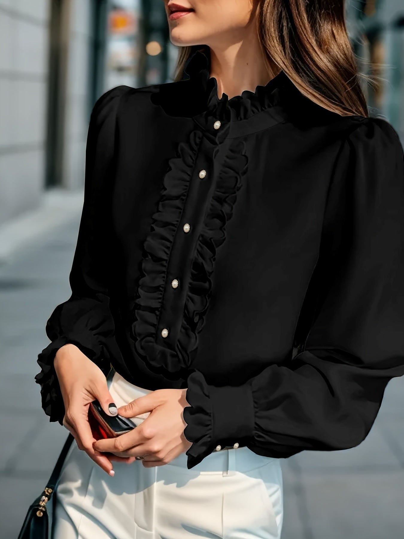 Sarah Express Women's Ruffled Cardigan Shirt Long Sleeve Button Front