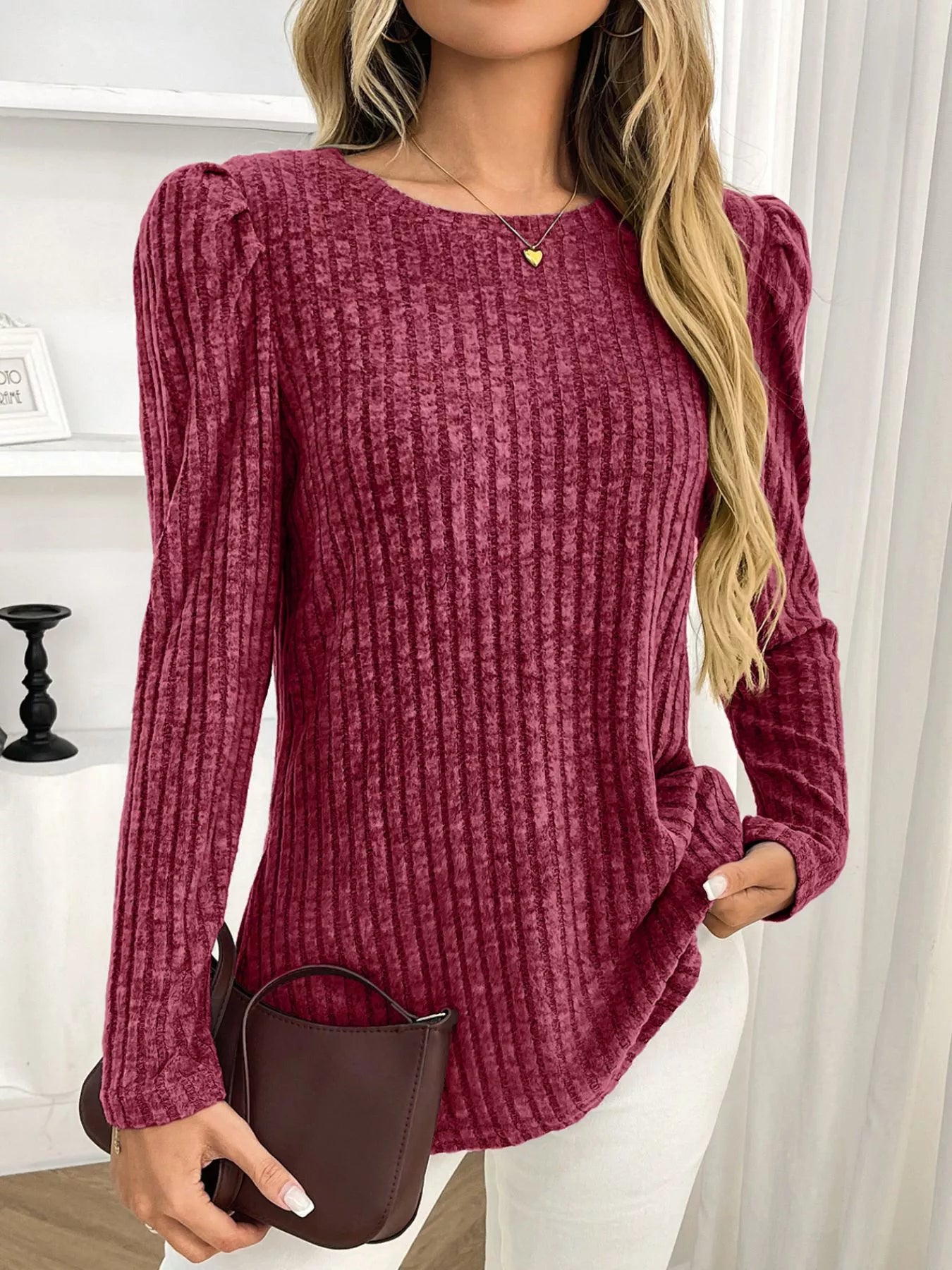 Sarah Express Women's Round Neck Puff Sleeve T-Shirt - Ribbed Casual Top with Pockets Burgundy