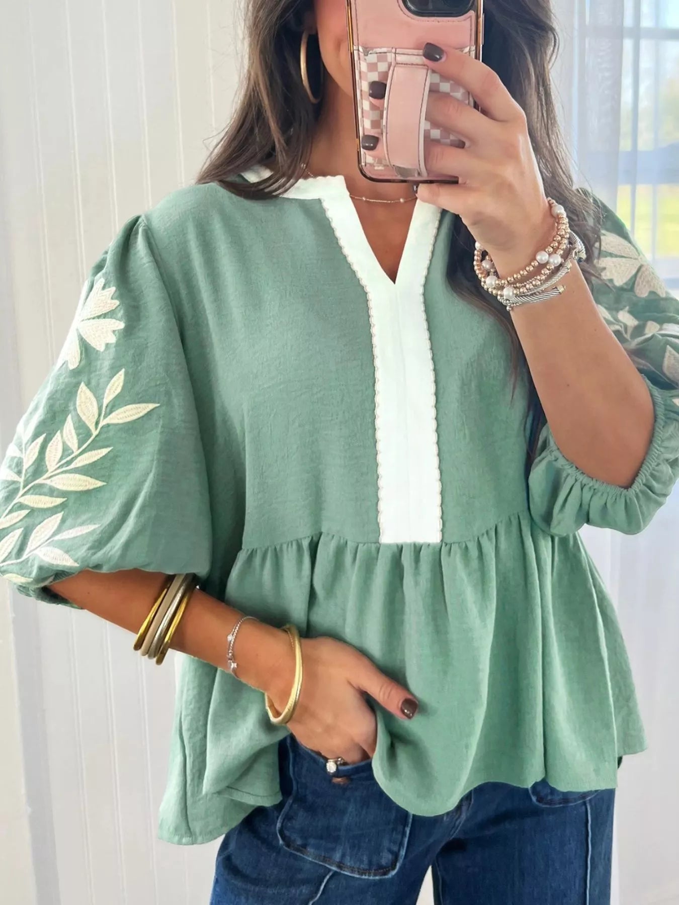 Sarah Express Women's Embroidered Puff Sleeve Babydoll Blouse - Color Block V Neck Top