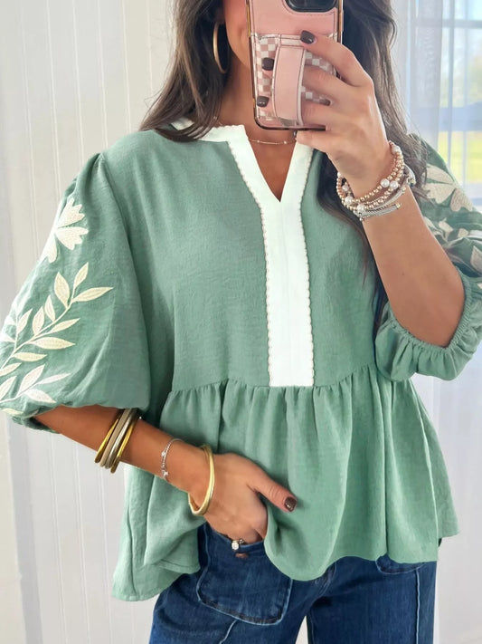 Sarah Express Women's Embroidered Puff Sleeve Babydoll Blouse - Color Block V Neck Top