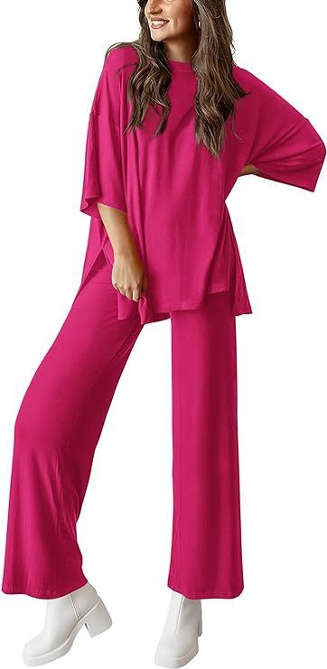 Sarah Express Two Piece Pullover Top Wide Leg Pants Set Polyester