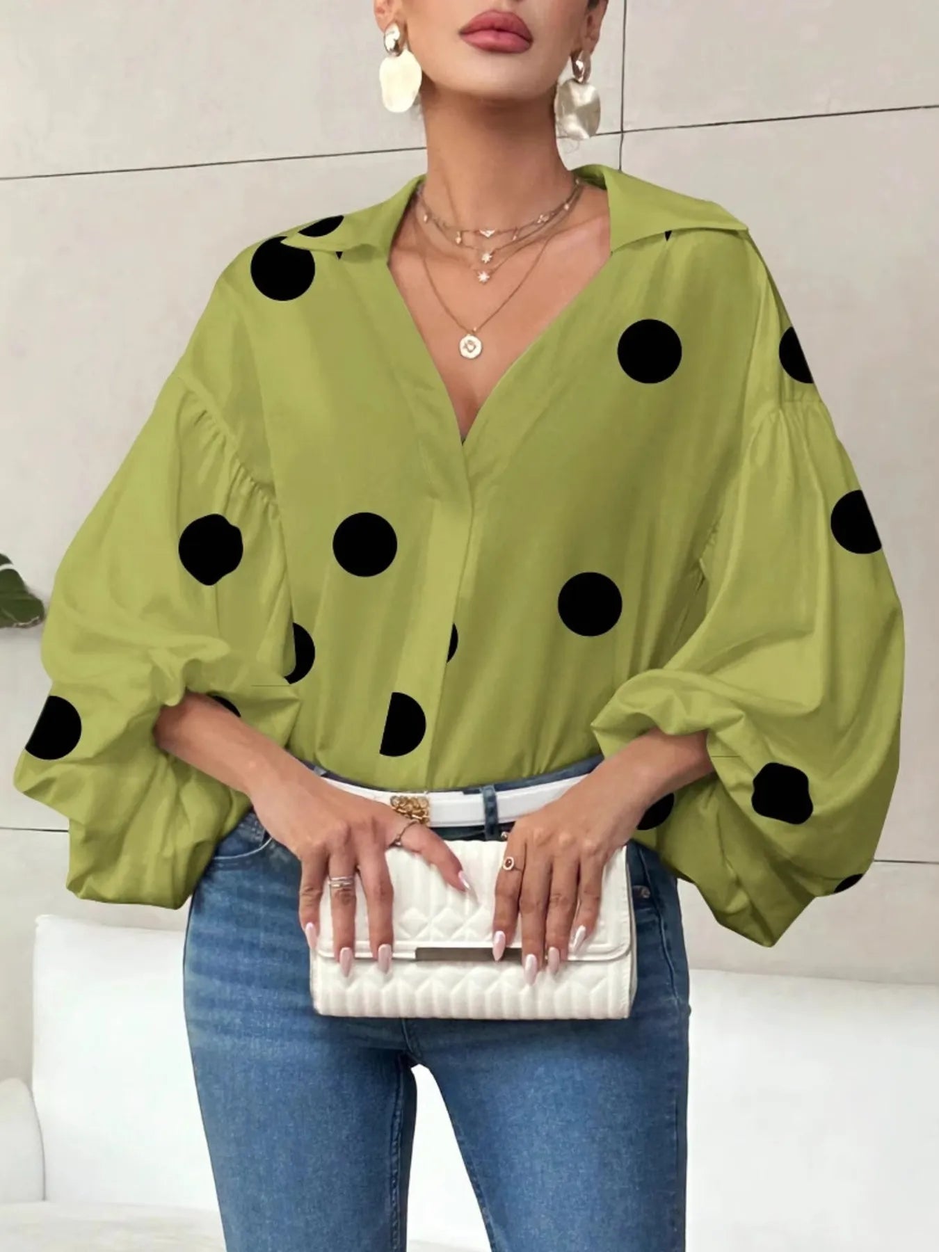Sarah Express Women's Polka Dot Balloon Sleeve Blouse - Oversized Button-Up Top Matcha Green Polka Dots