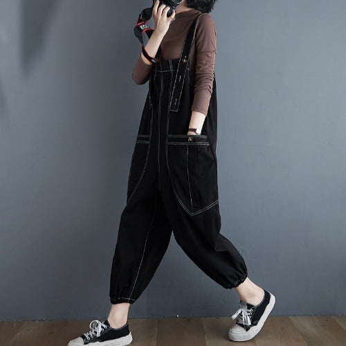 Sarah Express Women's Loose Fit Cotton Overalls Plus Size Relaxed Jumpsuit Korean Style Casual Pants