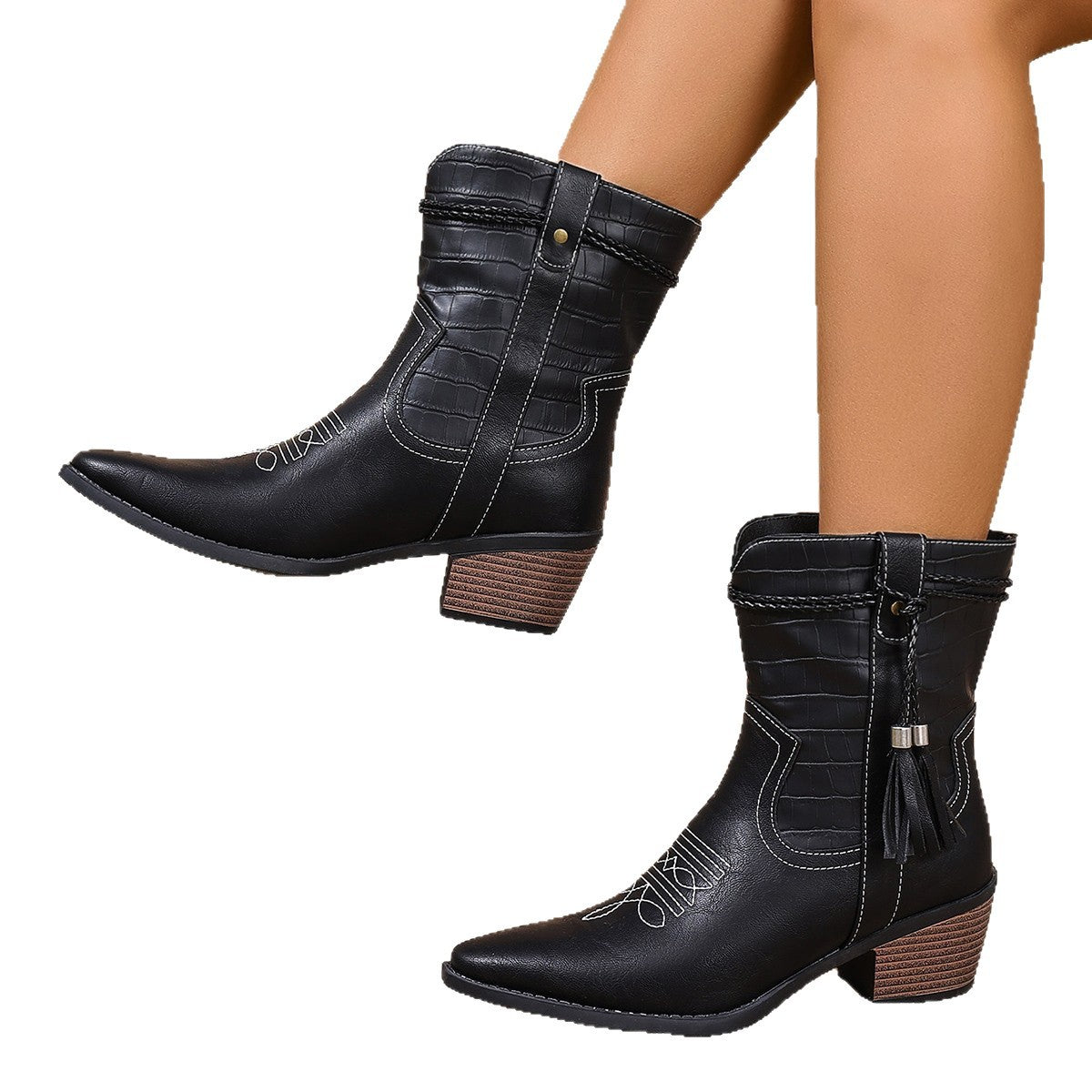 Sarah Express Pointed-toe Square-heel Denim Boots For Women