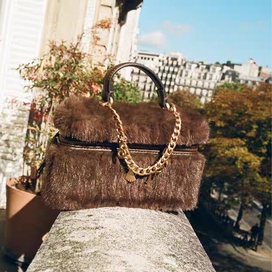 Sarah Express Chic Plush Chain Crossbody Bag – Synthetic Leather Mini Handbag for Women | Coffee Brown