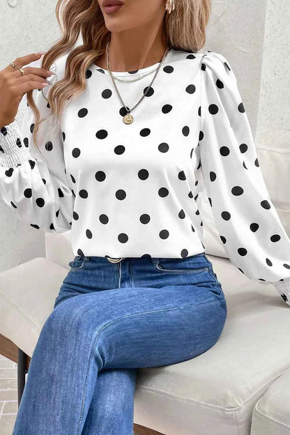 Sarah Express Women's Polka Dot Blouse - Long Sleeve Frilled Round Neck Top