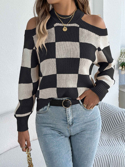 Sarah Express Women's Off-Shoulder Color Block Plaid Sweater Lantern Sleeve Knit Top