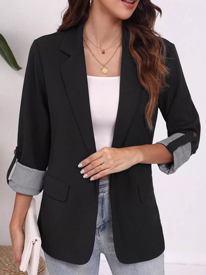 Sarah Express Women's Lapel Collar Roll-Up Sleeve Blazer Black