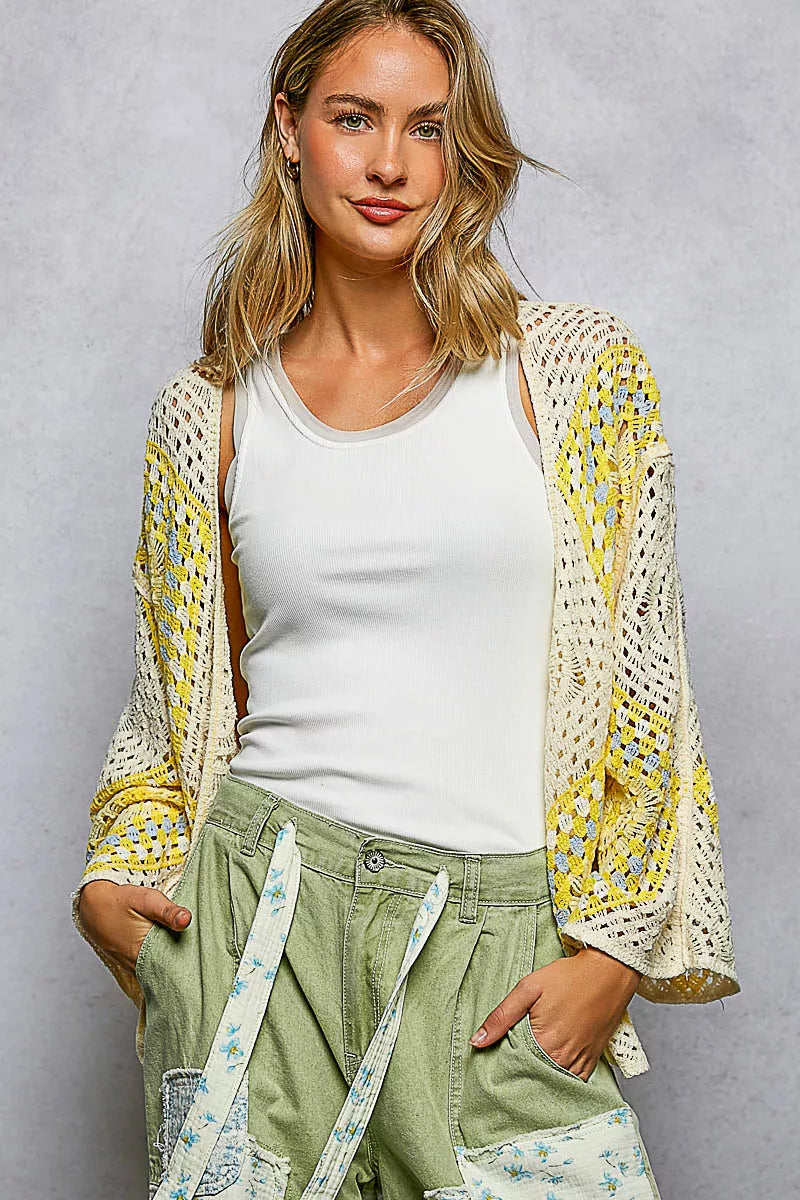 Sarah Express Women's Open Front Crochet Cardigan with Granny Square Pattern
