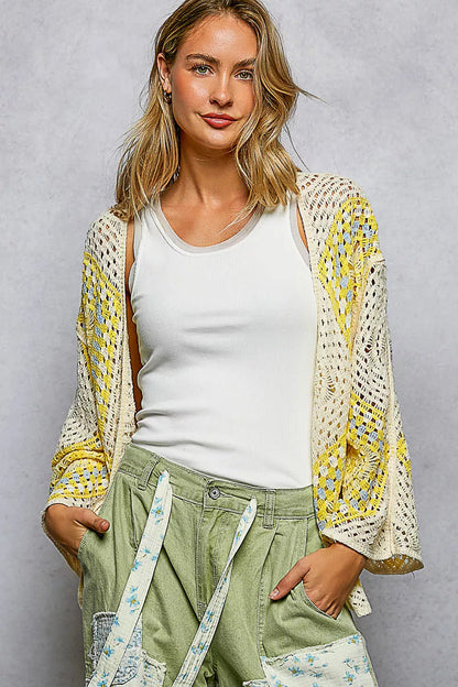 Sarah Express Women's Open Front Crochet Cardigan with Granny Square Pattern
