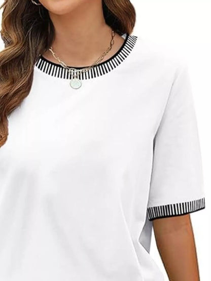 Sarah Express Women's Striped Trim Casual T-Shirt - Relaxed Fit Short Sleeve Top