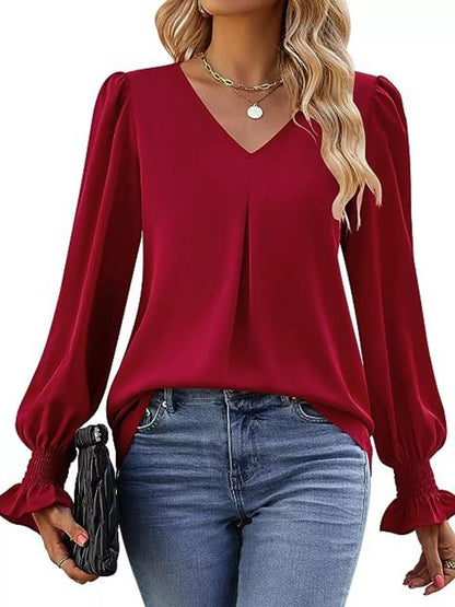 Sarah Express Women's V-Neck Long Sleeve Ruffle Cuff Blouse