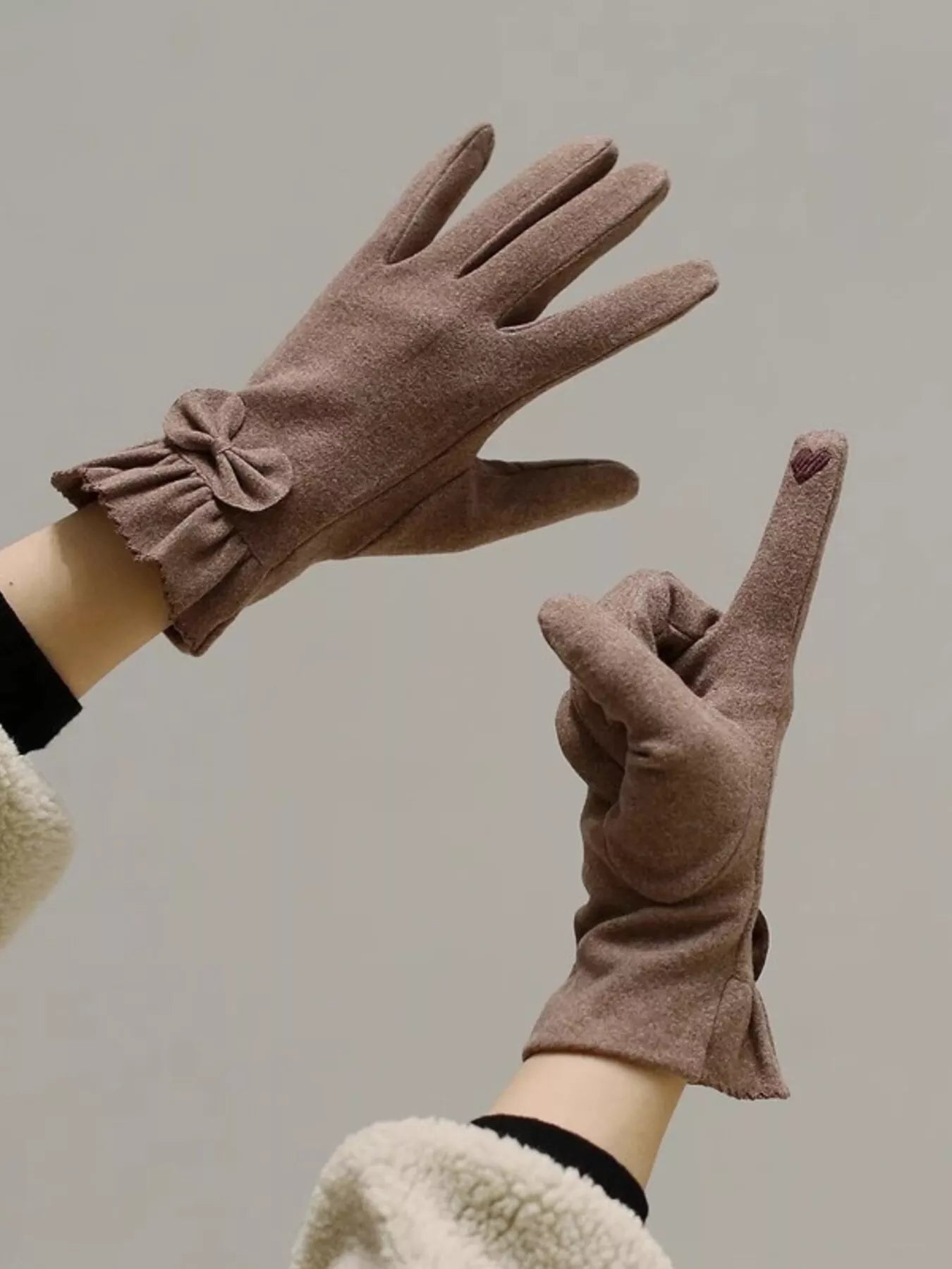 Sarah Express Women's Ruffled Cuff Bow Gloves - Elegant Polyester Accessory Purple Red ONESIZE