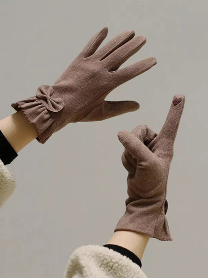 Sarah Express Women's Ruffled Cuff Bow Gloves - Elegant Polyester Accessory Purple Red ONESIZE