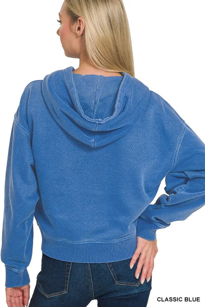 Sarah Express Women's Fleece Pigment Dye Half Zip Kangaroo Pocket Hoodie