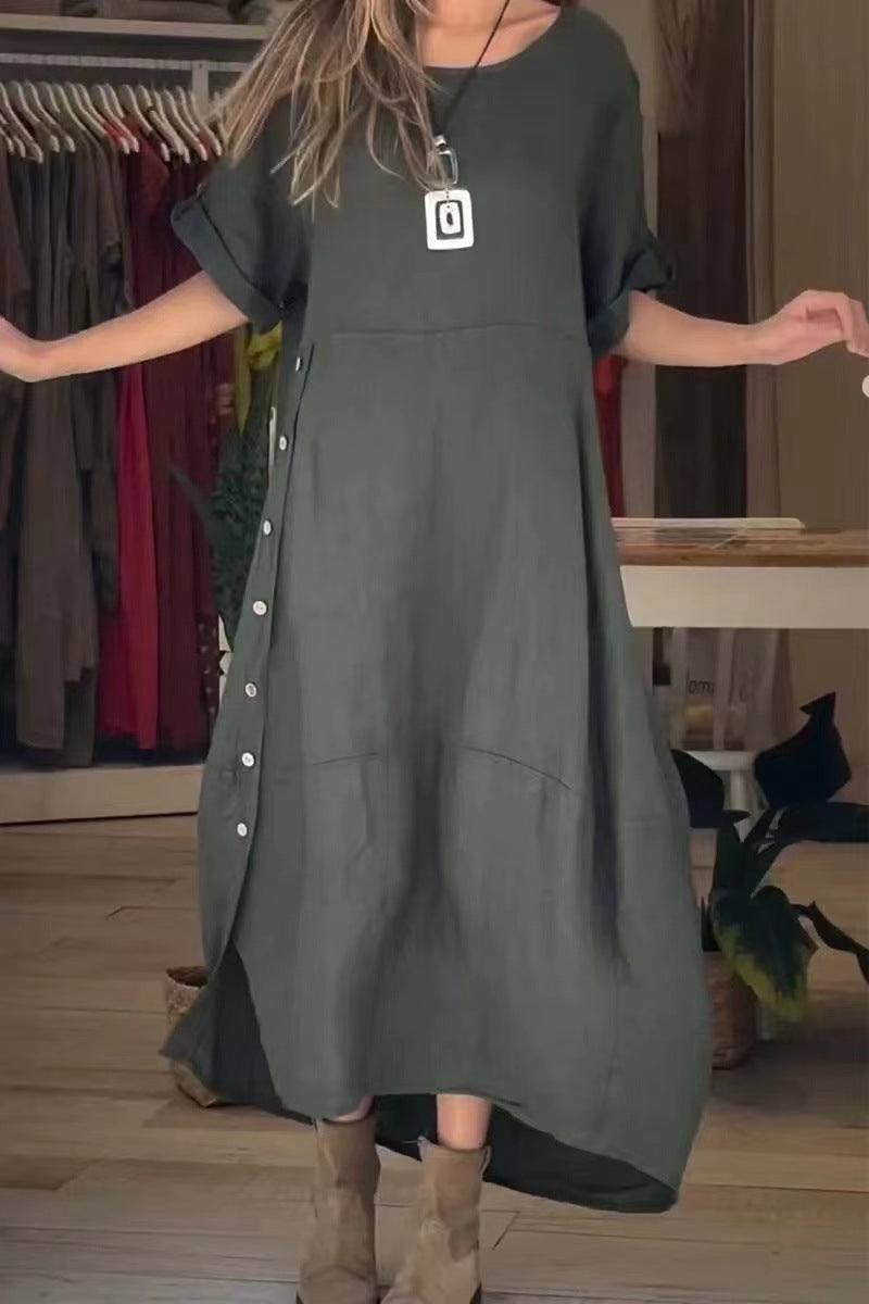 Sarah Express Women's Loose Cotton Linen Maxi Dress Short Sleeve Casual Relaxed Fit